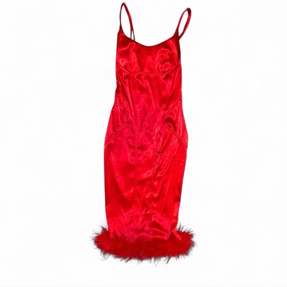 Fashion Nova Scarlet Satin Midi Dress with Feather Hem